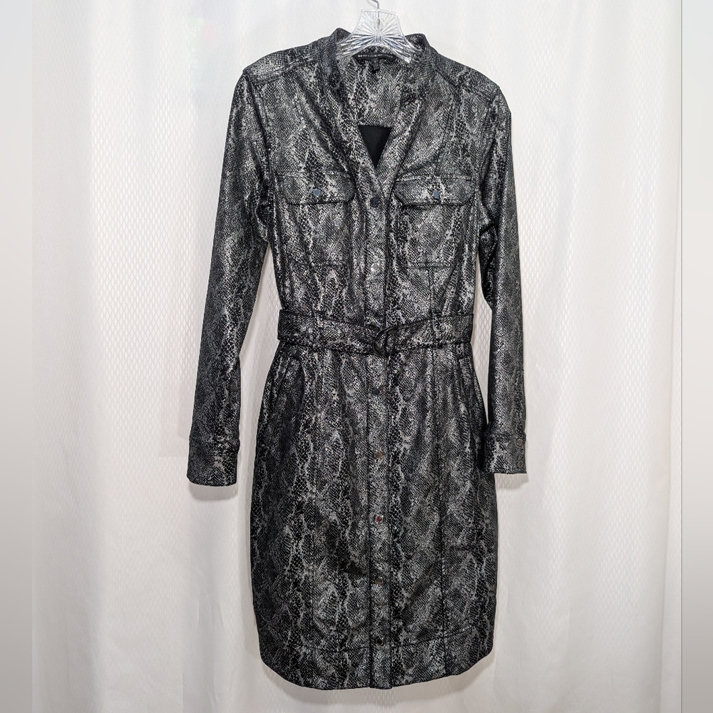 WHBM Reptile Print Dress Trench Jacket, Stretch Metallic Silver & Black, Size 8